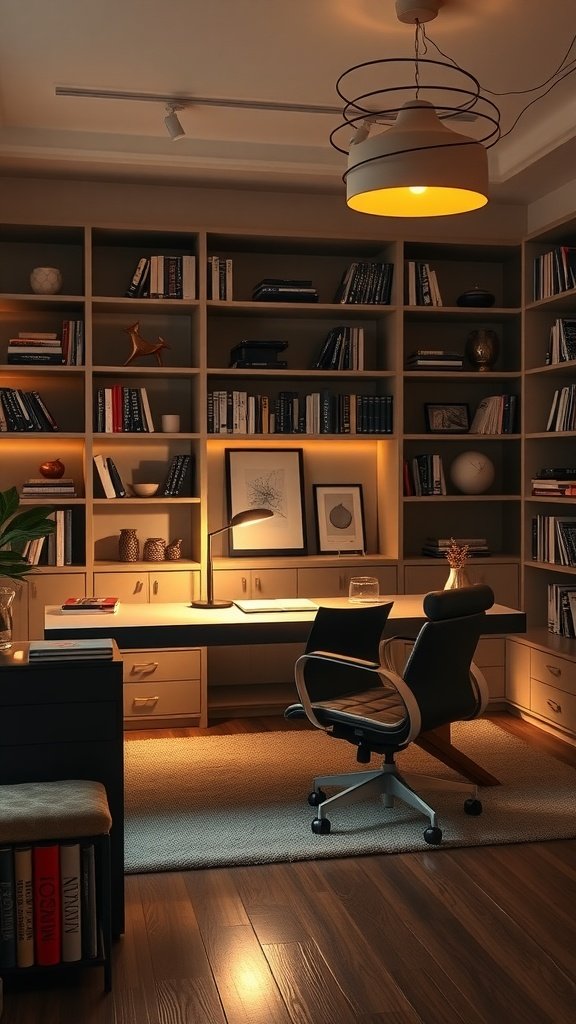 A sophisticated home office featuring sculptural lighting, organized bookshelves, and a sleek desk.
