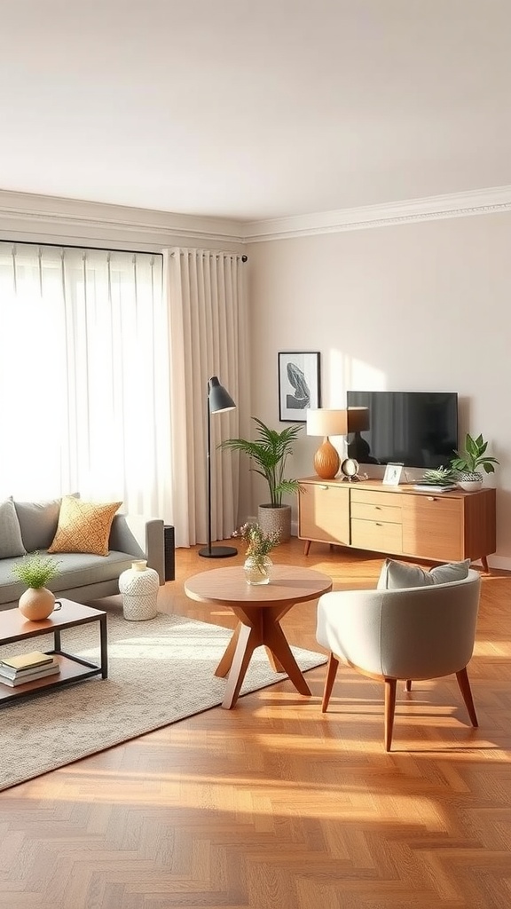 A stylish living room-dining room combo showcasing strategic furniture placement with a sofa, accent chair, coffee table, and plants.