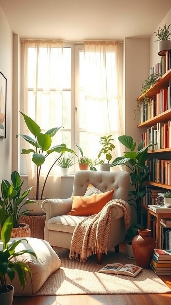 A sunlit reading nook featuring a comfortable armchair, plants, and a bookshelf.