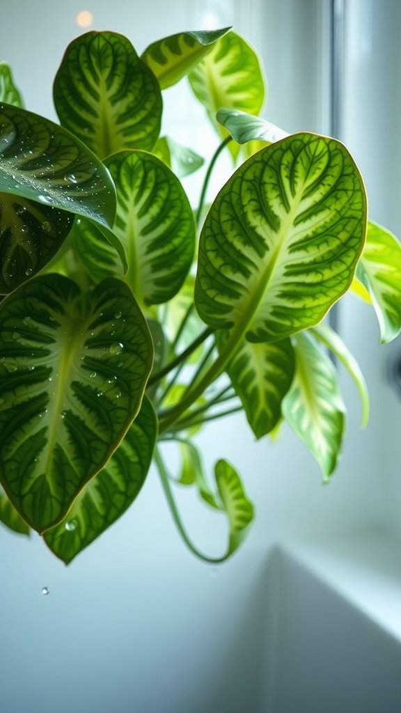 Close-up of Swiss Cheese Plant leaves with water droplets