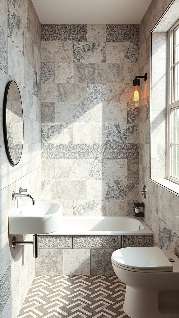 A beautifully designed bathroom featuring patterned wall tiles and herringbone floor tiles.
