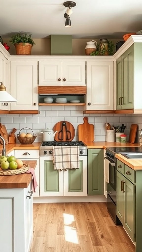 Farmhouse kitchen featuring white and olive green blended cabinets with wooden countertops.