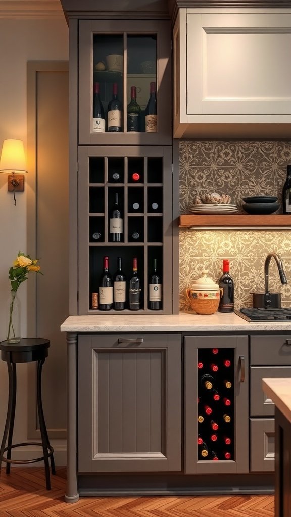 Stylish kitchen cabinet with wine storage, featuring glass doors and a wine rack