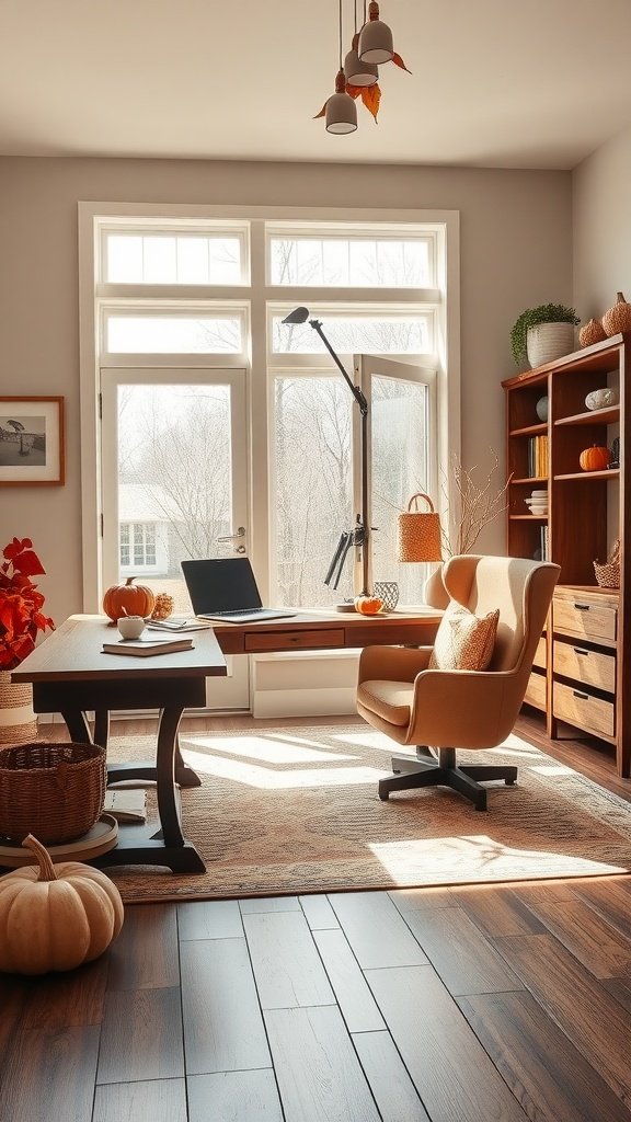 A cozy modern farmhouse home office with a large window, wooden desk, and seasonal decorations.