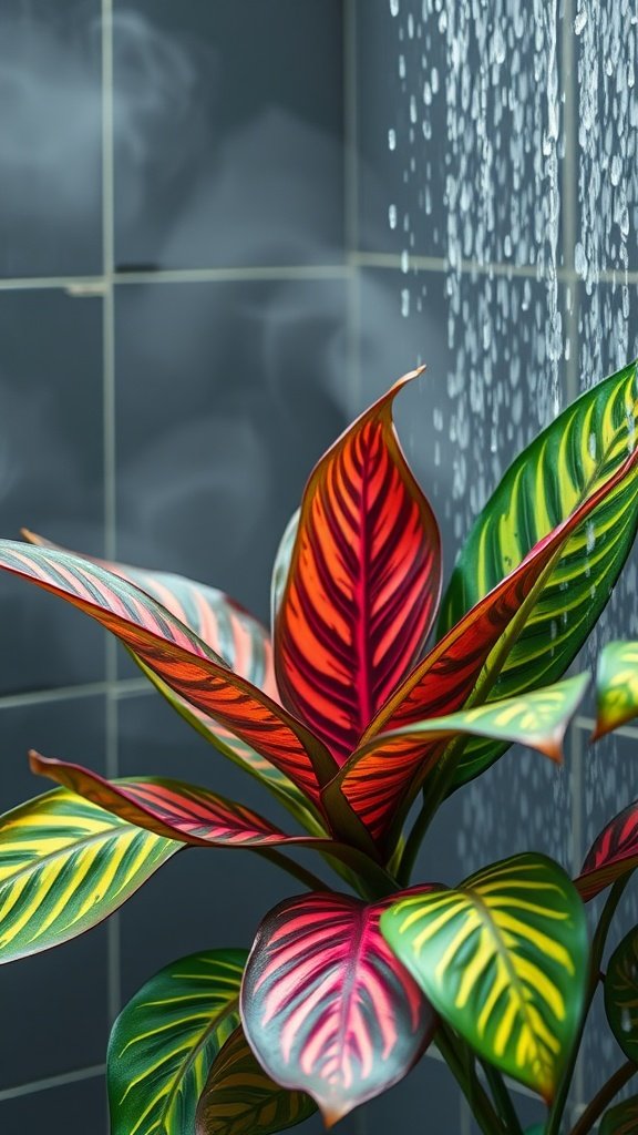 Close-up of colorful Calathea leaves in a steamy shower
