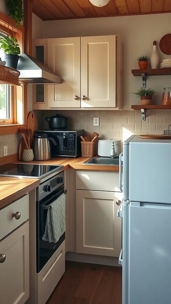 Cozy kitchen with butcher block countertops, featuring light cabinetry and plants