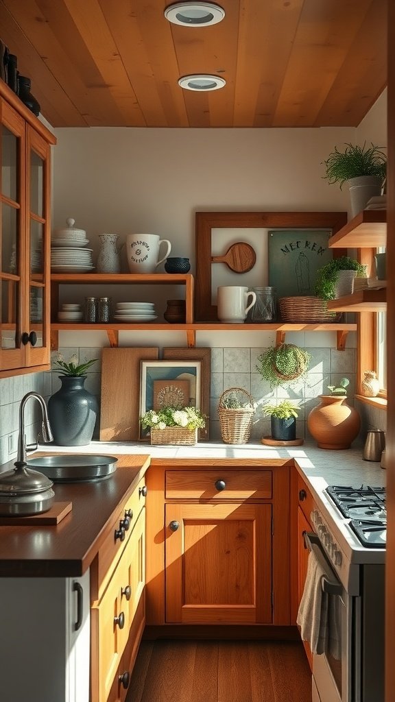 A small Craftsman kitchen featuring wooden cabinets, open shelving, and decorative plants.