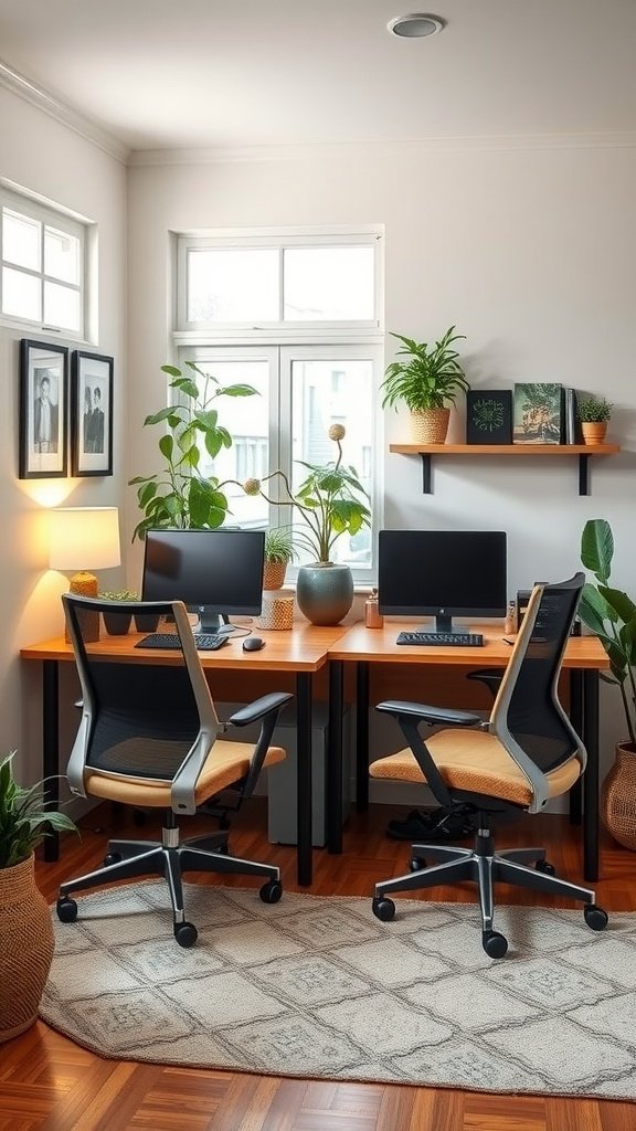 A U-shaped desk layout in a cozy home office, featuring two desks facing each other, each with monitors and surrounded by plants.
