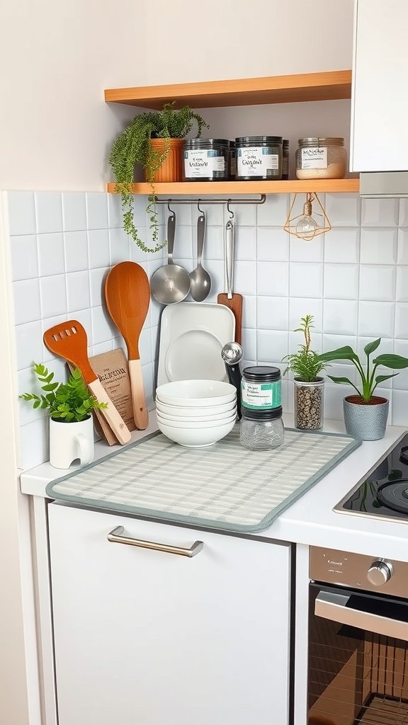 A stylish small apartment kitchen with a foldable dish-drying mat, clean dishes, vibrant plants, and utensils on display.