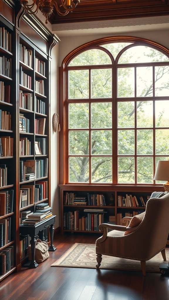 A cozy library room featuring wooden bookshelves, an armchair, and large windows with natural light.