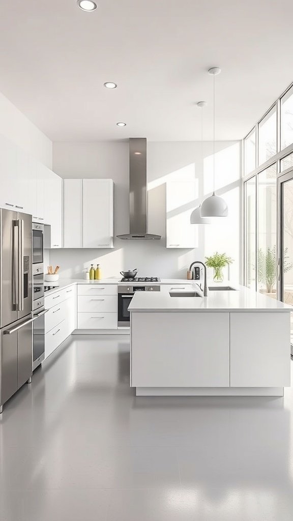 Minimalist U-shaped kitchen with white cabinetry and natural light