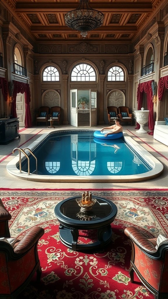 Luxurious indoor swimming pool with ornate ceiling and grand décor