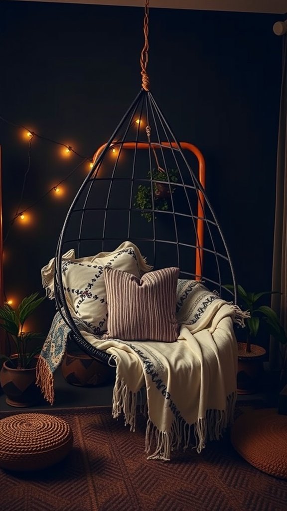 A cozy hanging chair with pillows and blankets in a dark boho bedroom setting.