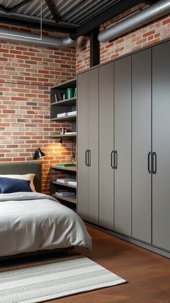 Modern industrial bedroom featuring gray cabinets, a brick wall, and smart storage solutions.