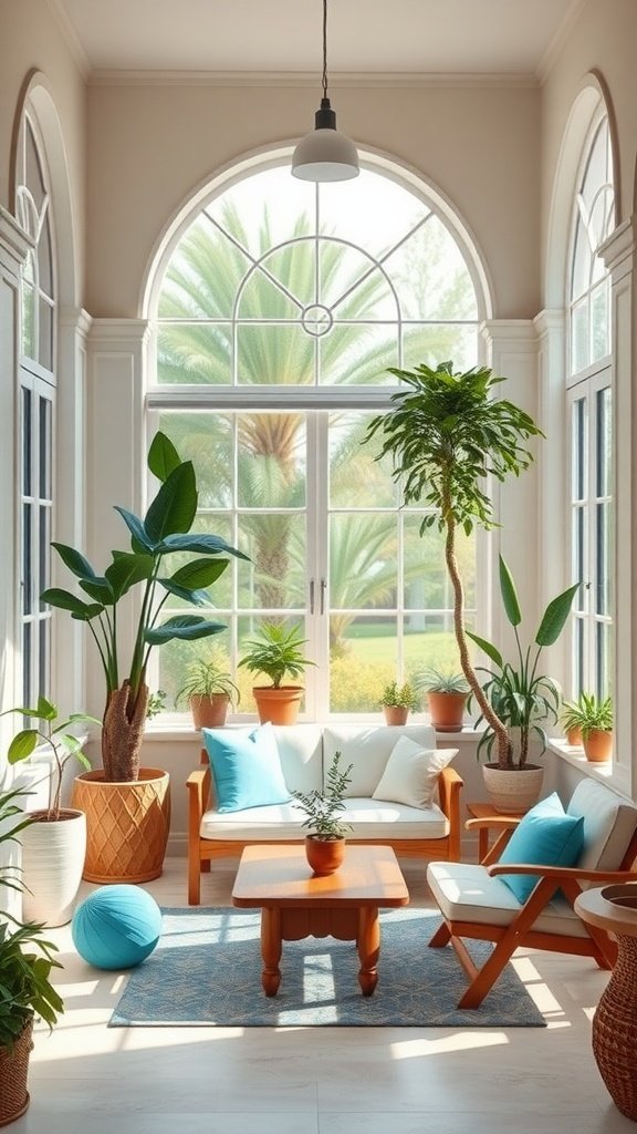 A bright sunroom with large windows, wooden furniture, and various indoor plants.