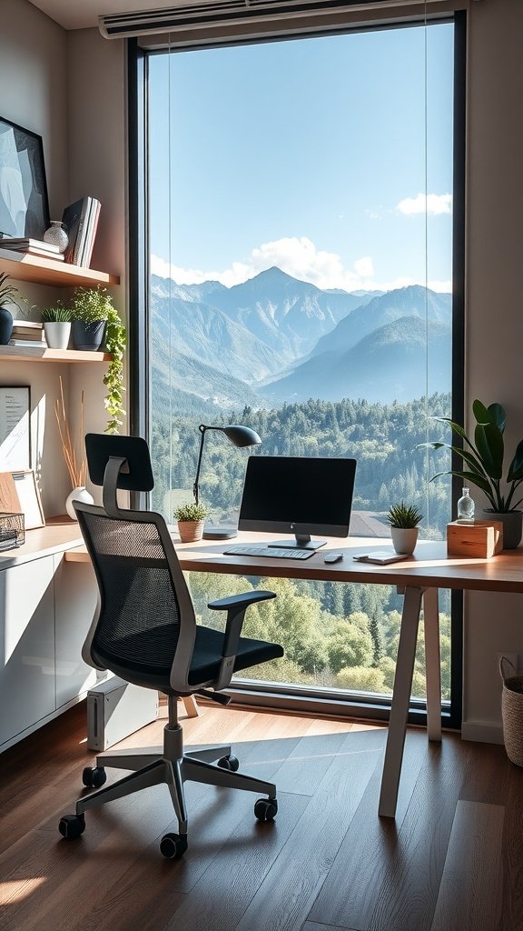 Modern home office with a large window showing scenic mountain views, featuring a desk, ergonomic chair, and potted plants.