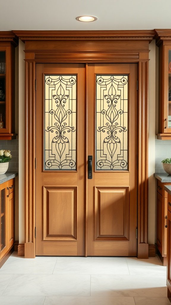 Classic pantry doors with leaded glass panels and a rich wood finish.