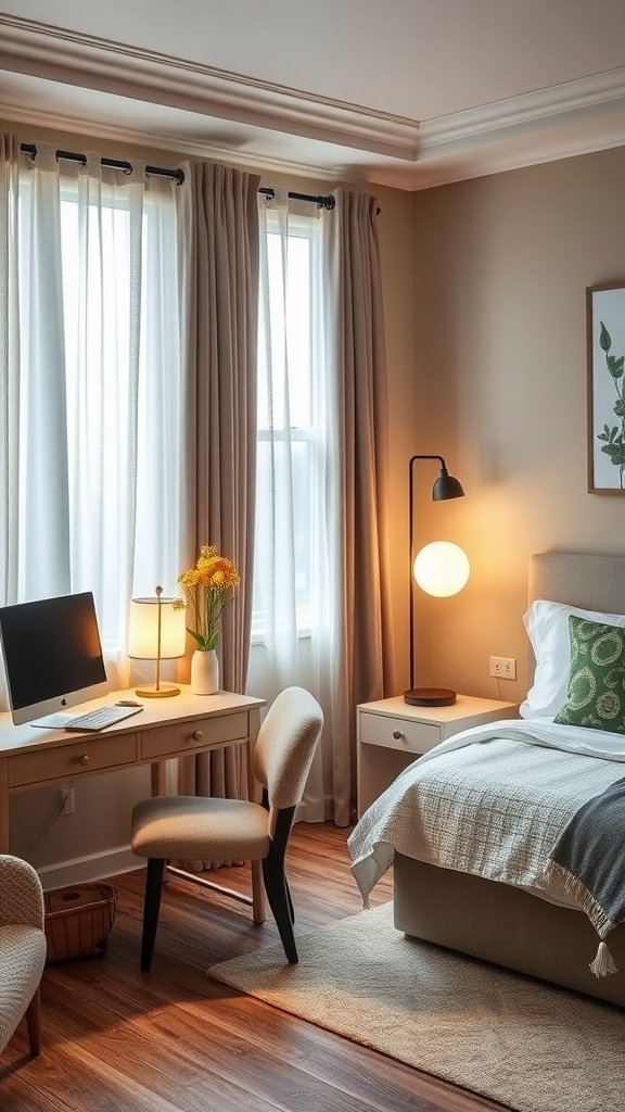 A cozy room featuring a desk and a bed, designed for a guest bedroom and home office combo.