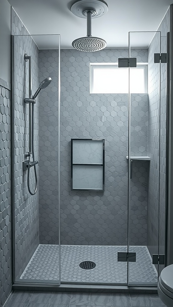Walk-in shower featuring realistic gray penny tiles
