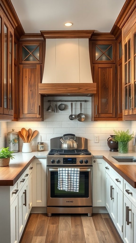 A cozy kitchen featuring rustic and modern cabinets with a farmhouse style.