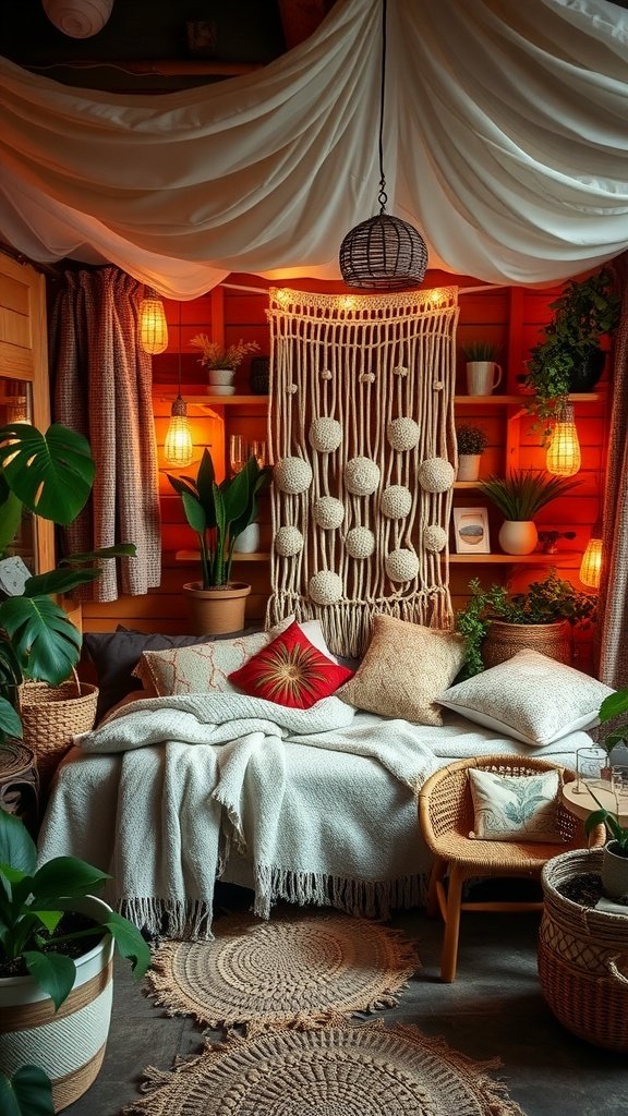 Cozy Rustic Boho bedroom with plants, soft blankets, and warm lighting