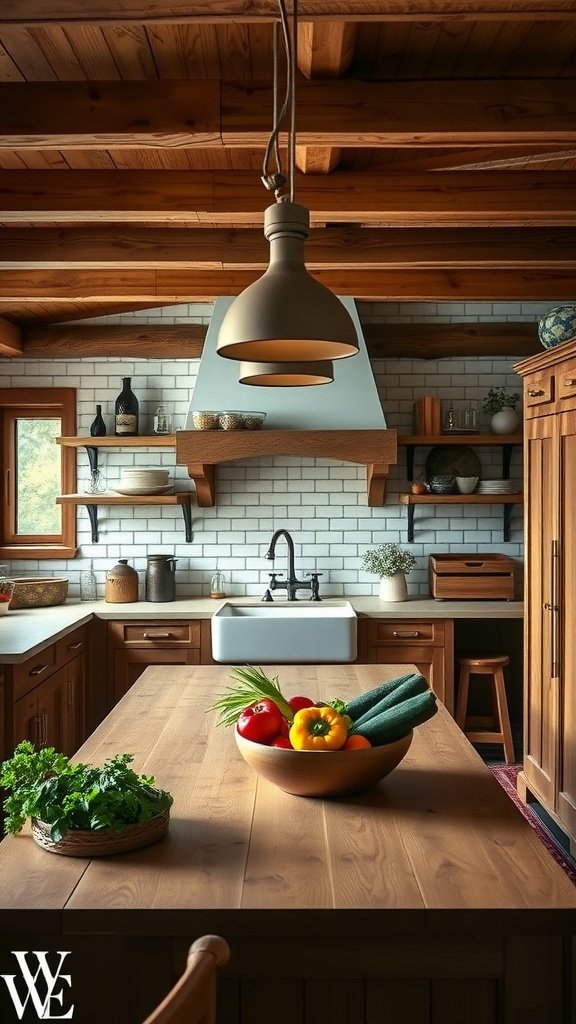 A rustic farmhouse kitchen featuring wood elements, modern lighting, and a bowl of fresh vegetables on a wooden island.