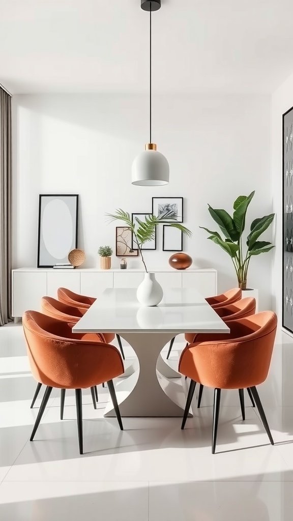 Modern dining room with a white table, orange chairs, and stylish decor.
