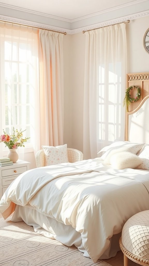 Cozy spring bedroom with soft neutral tones, natural light, and floral accents.