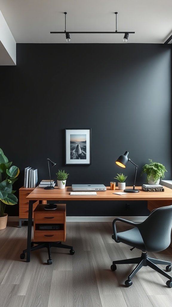 An office space featuring a stunning dark wall with a wooden desk, plants, and decorative items.