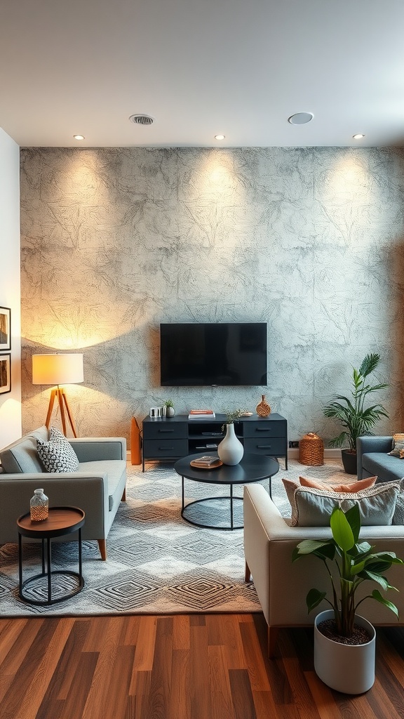 Modern living room-dining room combo with textured accent wall and cozy furniture.