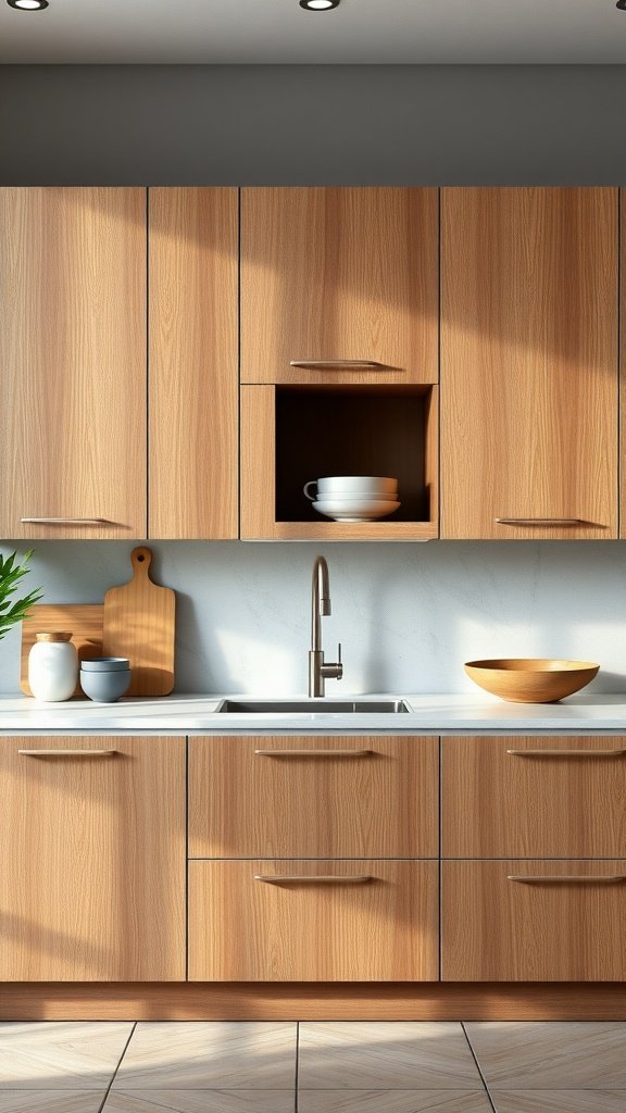 A modern kitchen with textured wood cabinets, featuring an open shelf displaying dishes and a clean countertop.