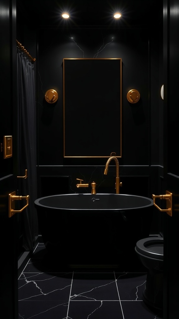 A luxurious black bathroom with velvet walls, a freestanding black tub, gold accents, and elegant lighting.