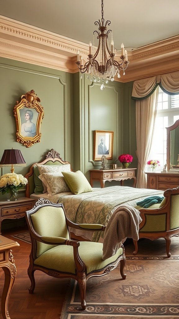 A Victorian style bedroom featuring sage green walls, vintage furniture, a chandelier, and elegant decor.