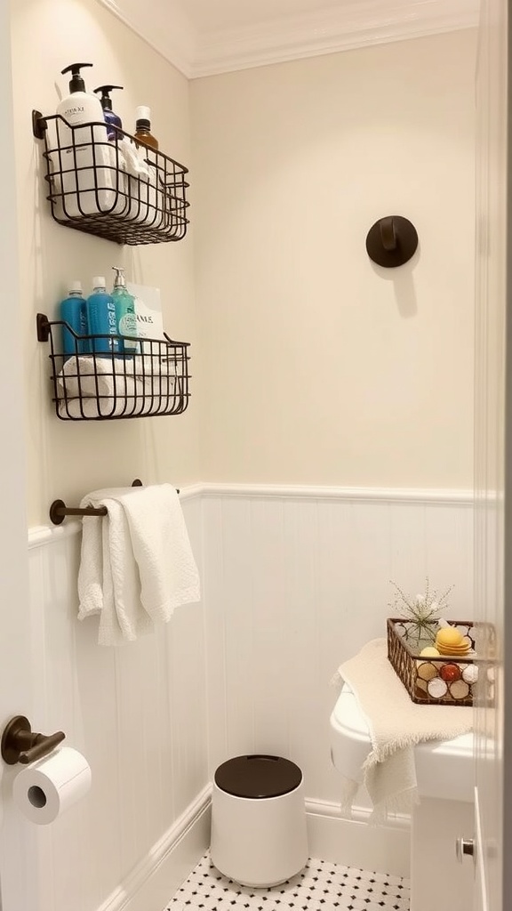 Image of a small bathroom with wall-mounted wire baskets holding toiletries and towels.