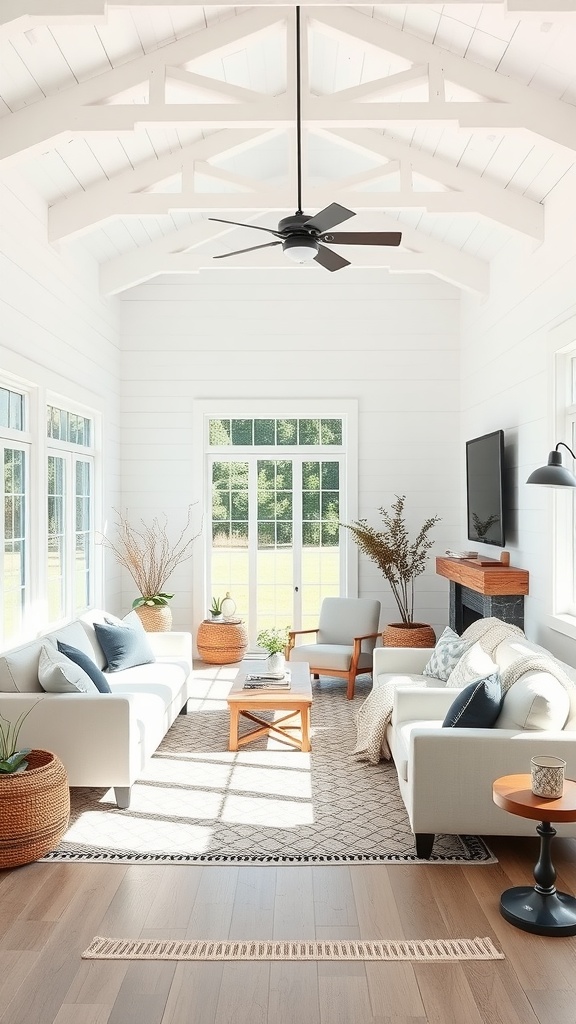 Modern farmhouse living room with whitewashed walls and wooden beams