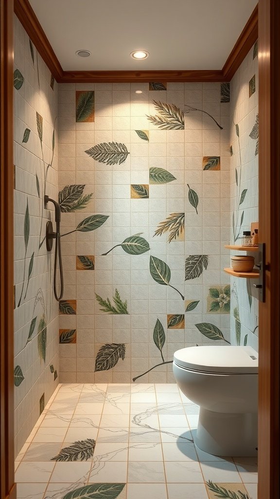 Bathroom with nature-inspired tiles featuring green leaves and earthy tones.