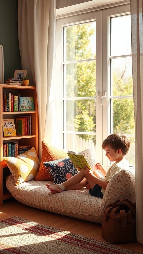 A child reading a book in a cozy window side reading nook with colorful pillows and a bookshelf.