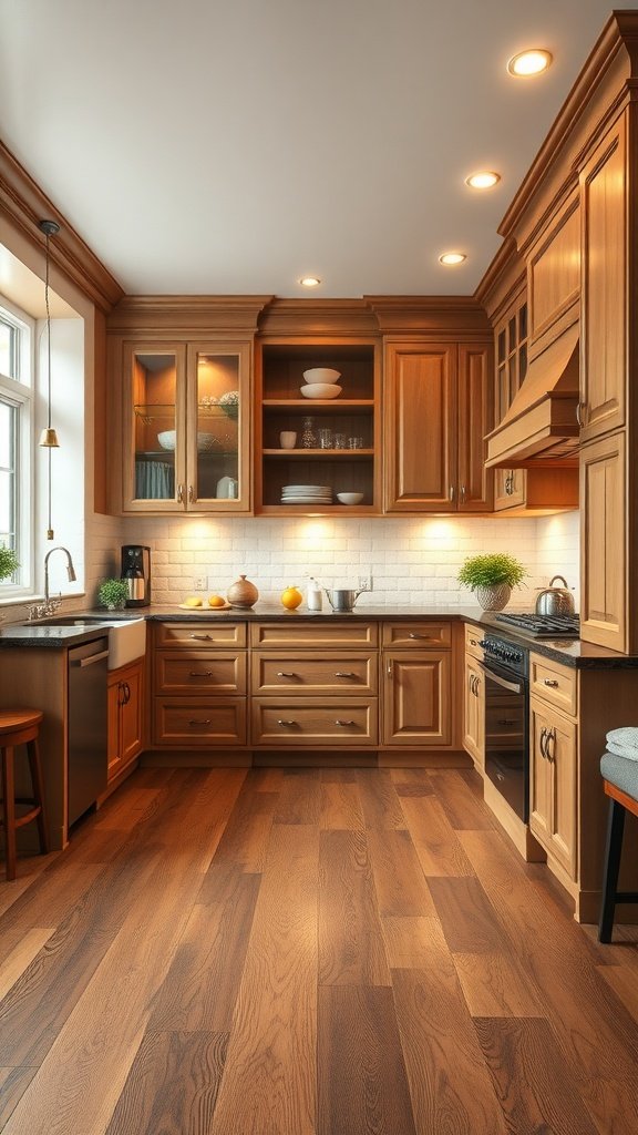 U-shaped kitchen with wooden floor and warm cabinetry