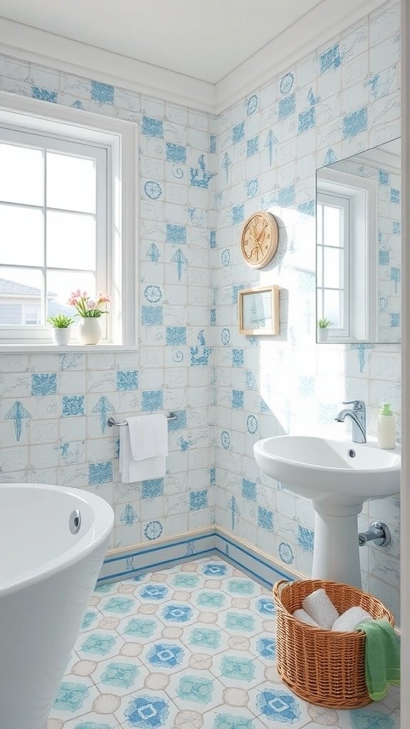 A bright beach-themed bathroom with blue and white tiled walls and patterned flooring.
