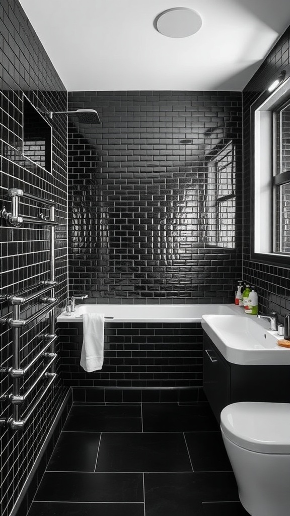 Modern bathroom with black mosaic tiles, sleek fixtures, and a minimalist design.