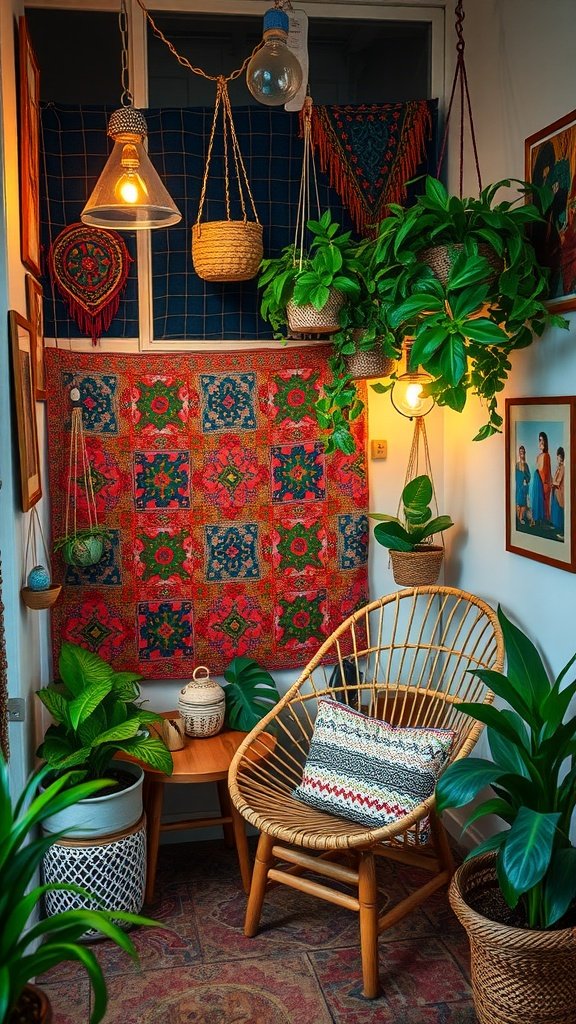 Cozy bohemian nook with rattan chair, vibrant wall hangings, and hanging plants