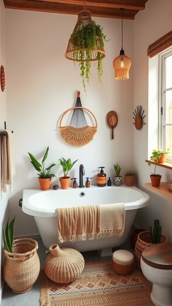 A beautifully decorated boho-style bathroom featuring a freestanding bathtub, hanging plants, and woven decor.