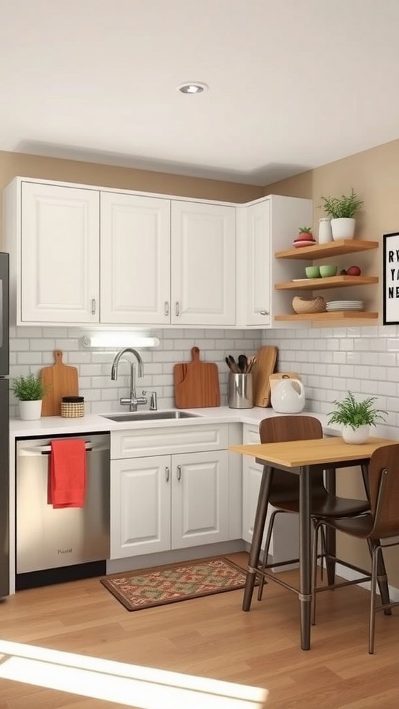 A small kitchen featuring bright white cabinetry, open shelves, and a cozy dining area.