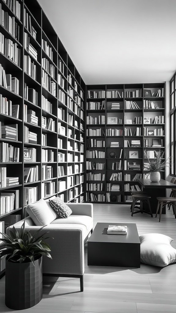 A chic monochrome library with black bookshelves filled with books, a modern couch, and a minimalist coffee table.