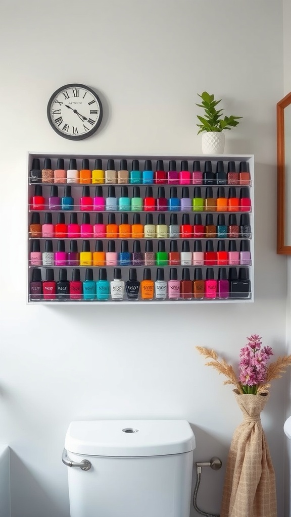 Colorful nail polish rack displaying a variety of nail polish bottles above a toilet.