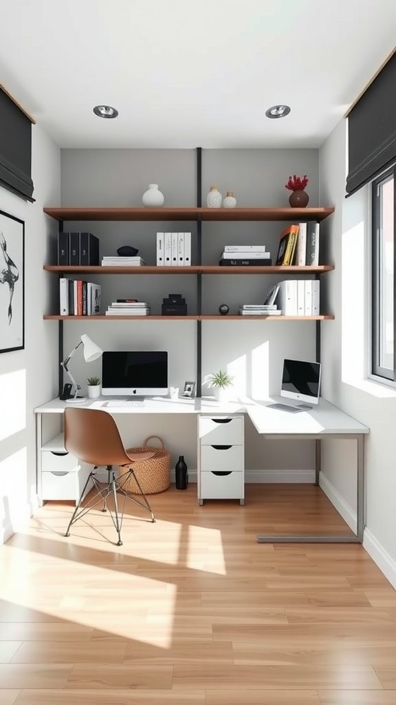 Compact and stylish dual workspace with two monitors, open shelving, and modern chair