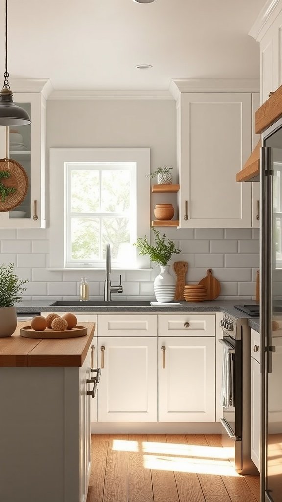 A modern farmhouse kitchen featuring white cabinets, raw wood accents, and open shelves with plants and decor.