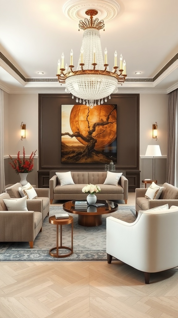 A stylish living room area featuring a chandelier, artwork, and comfortable seating arrangements.
