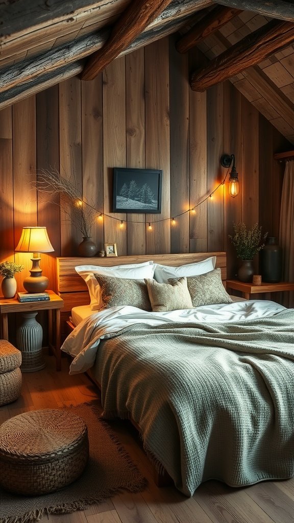 A cozy rustic bedroom with wooden walls, a soft bed with pillows, and warm lighting.