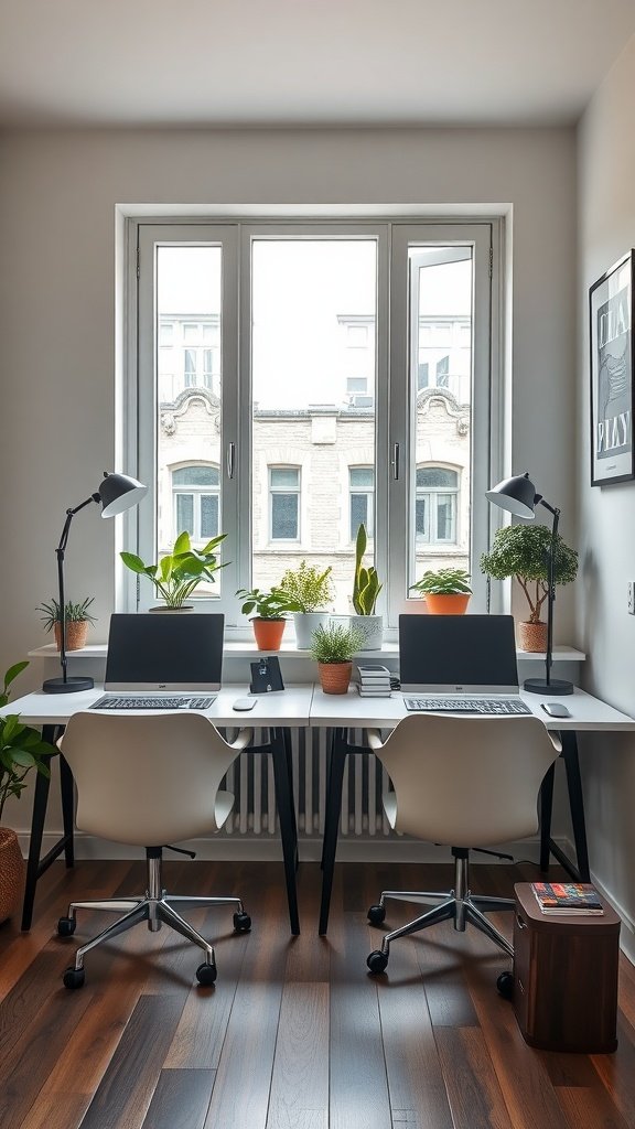 Two desks facing a window in a stylish home office, decorated with plants.